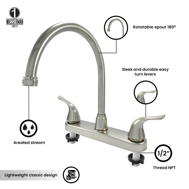 Wasserman Faucets Wasserman 23073124 - Mobile Home RV Kitchen Sink Faucet High Spout Dual Lever Handle with Side Spray, High Arc, Deck Mount, Brushed Nickel, 8 inch on Center, for Campers, Motorhomes, Travel - Image 5